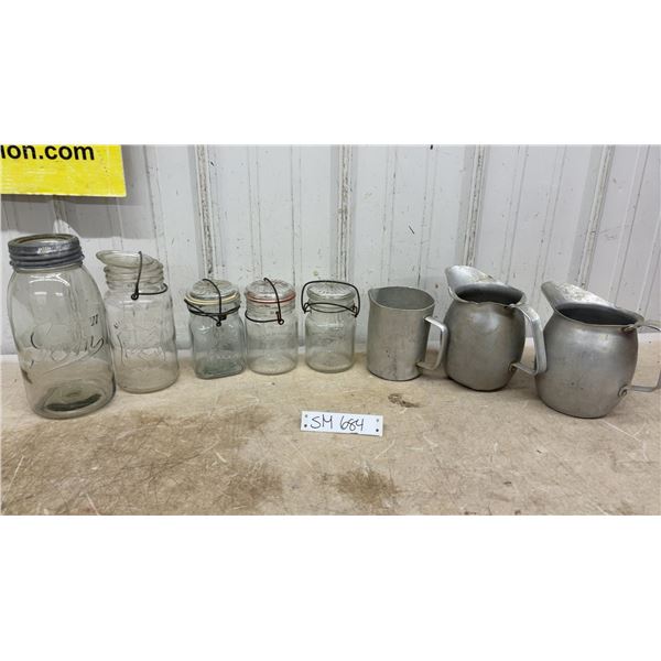 Vintage Glass Canning Jars Including Perfect Seal and Aluminum Pitchers Lot