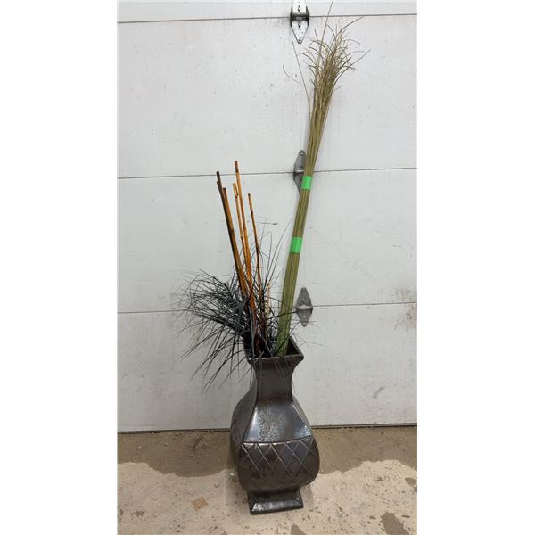 Large Decorative Metallic Bronze Floor Vase With Quilted Diamond Pattern and Faux Grass Arrangement