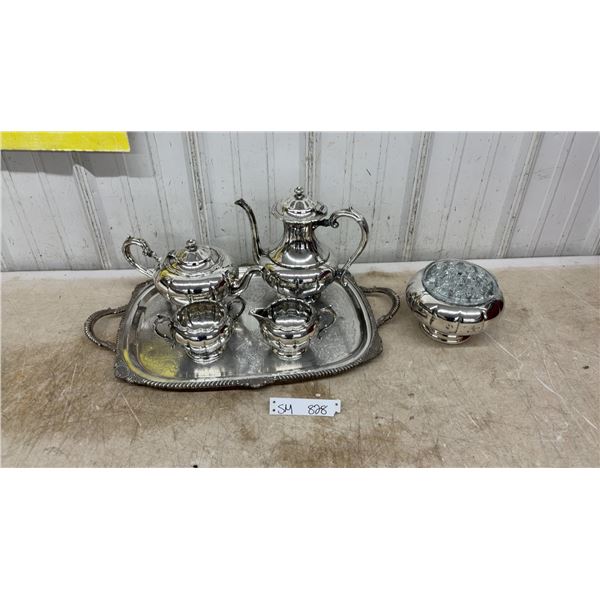 Silver-Plated Tea and Coffee Set with Tray, Creamer, Sugar Bowl, and Flower Frog Holder
