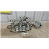 Image 1 : Silver-Plated Tea and Coffee Set with Tray, Creamer, Sugar Bowl, and Flower Frog Holder