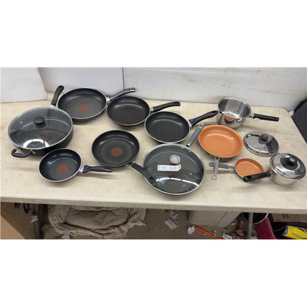 Assorted T-fal Non-Stick Frying Pans, Stainless Steel Saucepan, The Rock Glass Lid and Others
