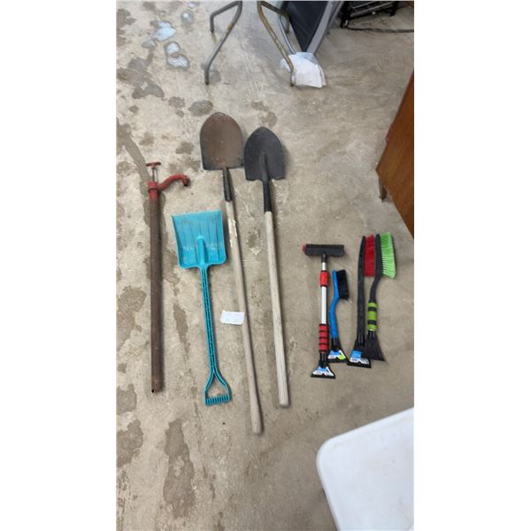 Vintage Cast Iron Manual Water Pump, Shovels, Snow Brushes, Ice Scrapers and More
