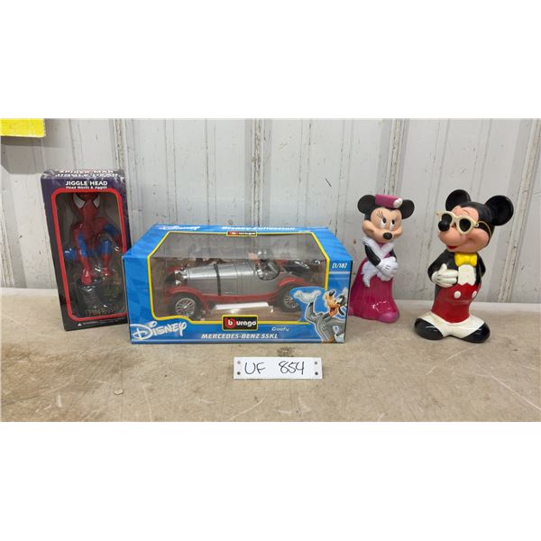 Spider-Man Jiggle Head, Bburago 1/18 Disney Mercedes-Benz SSKL and Mickey & Minnie Figurines