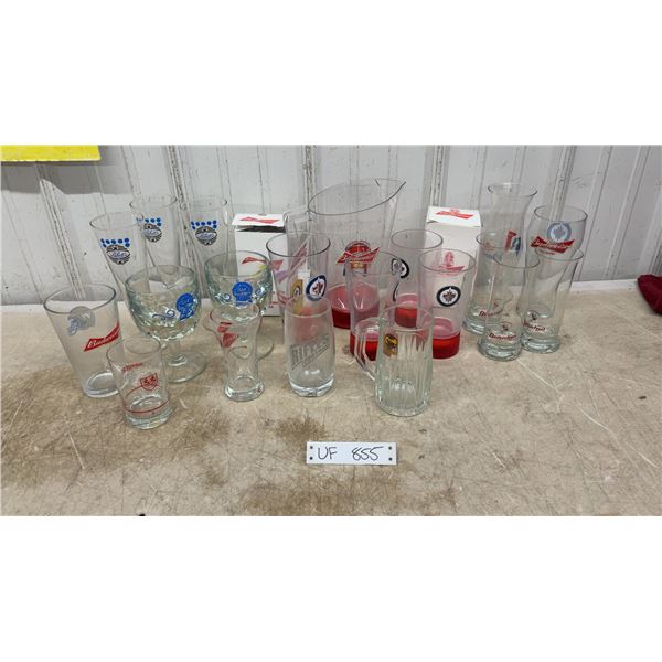 Assorted Branded Beer Glasses and Pitchers Including Labatt's, Pabst, Budweiser, Tiger and More