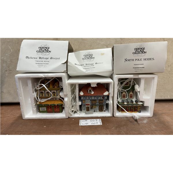 Department 56 Heritage Village Porcelain Buildings, Theatre Royal, Tuttle's Pub, Reindeer Barn