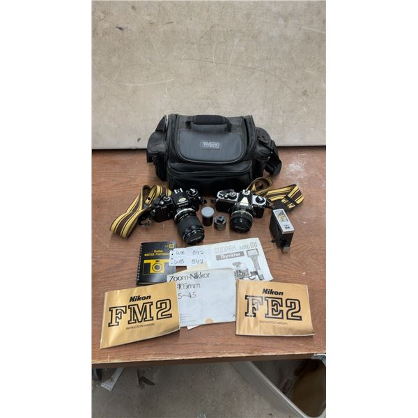 Nikon FE2 and FM2 SLR Cameras w/ Zoom-Nikkor Lenses, Vidpro Bag, Sunpak Flash and More