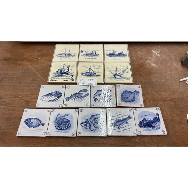Delftware-Style Marine Life Hanging Tiles and Langley Ware Pacific Fishing Vessel Tile Coasters