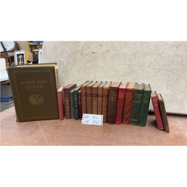 Antique Books Including Twentieth Century Dictionary, Les Misérables, David Copperfield, and More