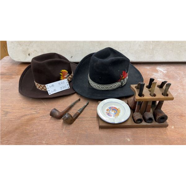 Two Felt Hats, Briar Smoking Pipes with Wooden Stand, and British Coronation Ash Tray