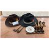 Image 1 : Two Felt Hats, Briar Smoking Pipes with Wooden Stand, and British Coronation Ash Tray
