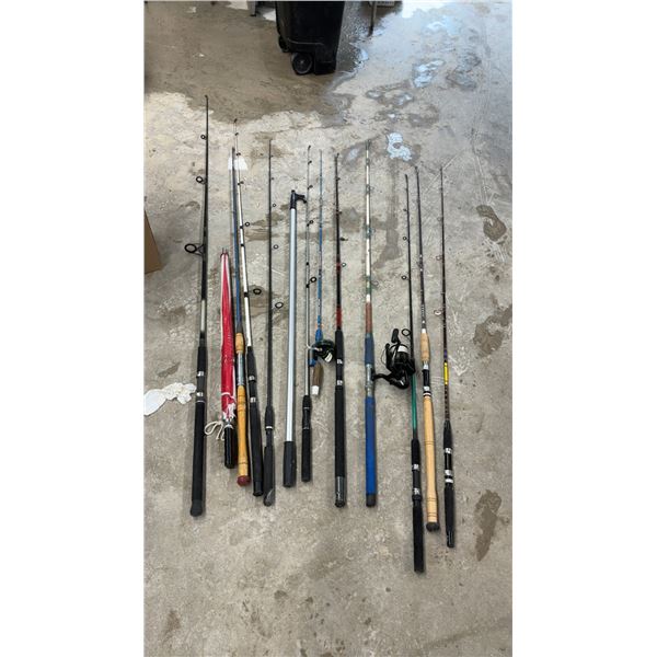 Assortment of Fishing Rods With Shakespeare Alpha 070 Graphite Spinning Reel and More