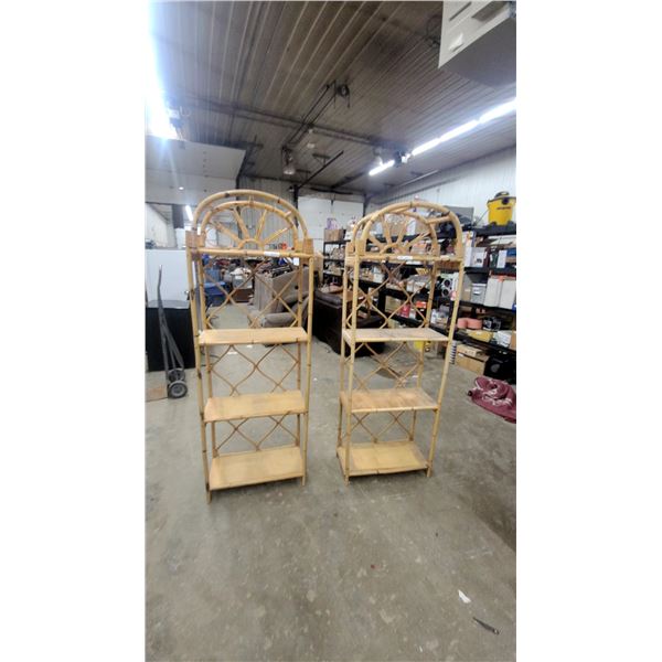 Pair of Vintage Bamboo Rattan Arched Etagere Shelving Units with Four Wooden Shelves 79 x 13 x 27"