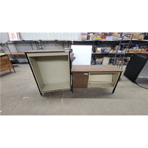 Two-Piece Modular Office Workstation with Open Storage Cabinet and Desk Return