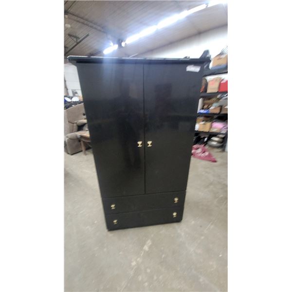 Black Wooden Armoire with Two Doors, Two Drawers, and Gold Goblet-Shaped Handles 67 x 35 x 17"