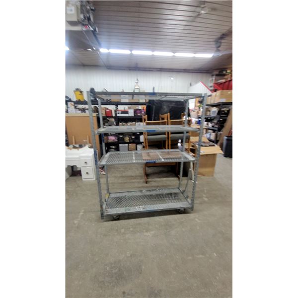 Four-Tier Mobile Metal Shelving Unit with Expanded Metal Mesh Shelves and Casters 75 x 58 x 22"