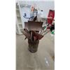 Image 1 : Barrel of Assorted Garden Tools Including Shovels, Hoes, Rakes, Pickaxe, Plow Shares and More