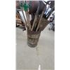 Image 7 : Barrel of Assorted Garden Tools Including Shovels, Hoes, Rakes, Pickaxe, Plow Shares and More