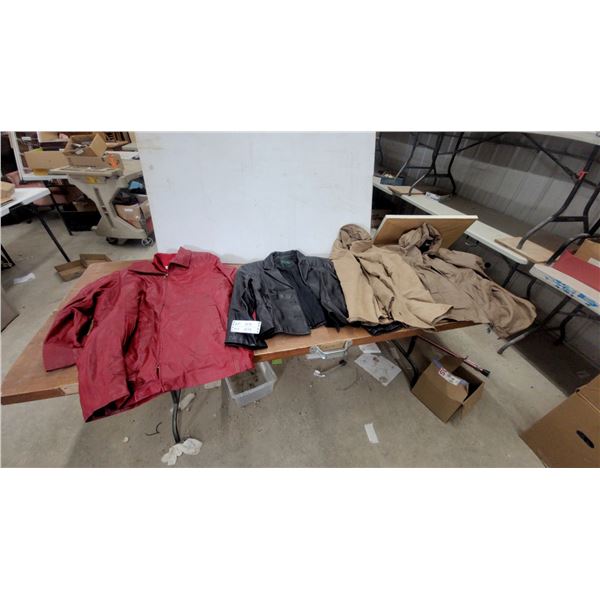 Red Leather Jacket, Danier Black Leather Blazer, and Tan Leather Coat plus Box Full of More