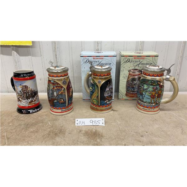 Budweiser "A Perfect Christmas" Holiday Stein and Three "Discovery of America" Commemorative Steins