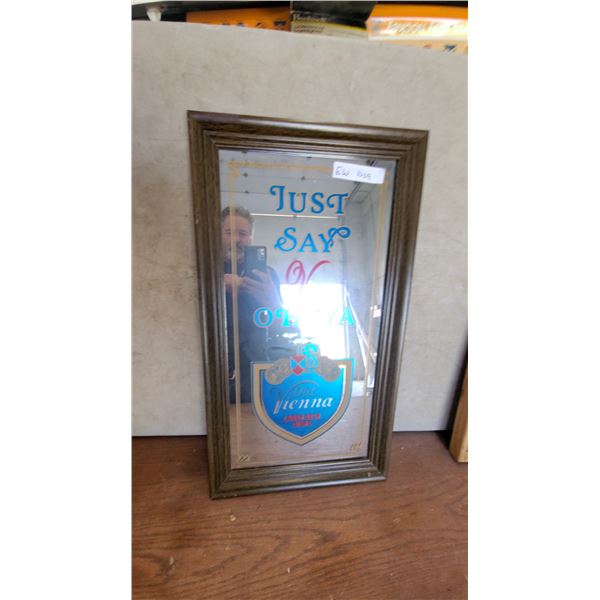 Vintage Old Vienna Lager Beer "Just Say V Oh'Ya" Advertising Mirror in Wooden Frame 15 x 27"