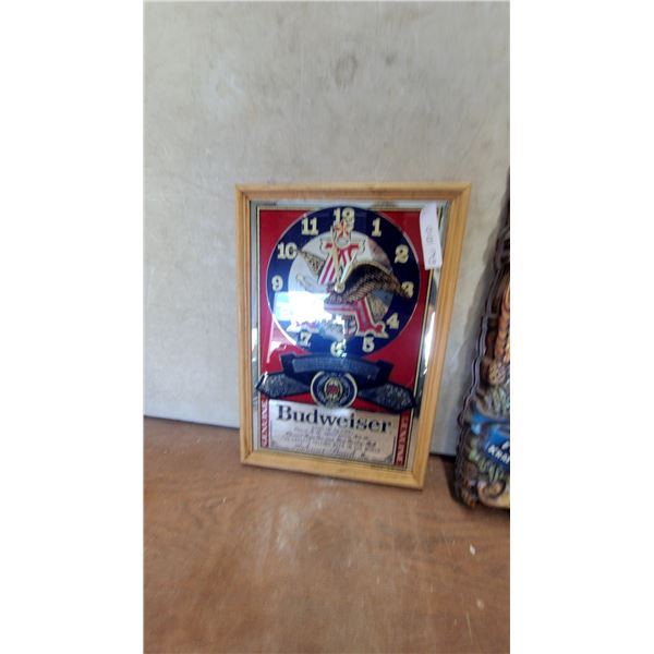 Vintage Budweiser "King of Beers" Advertising Mirror Clock with Eagle Logo, Wood Frame 19 x 13"
