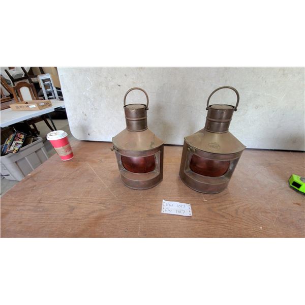 Pair of Vintage Brass Nautical Port Lanterns with Red Lens