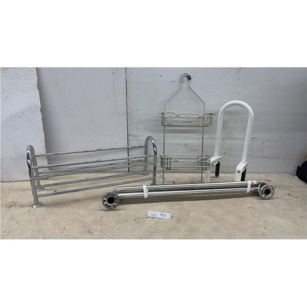 Chrome Shoe Rack, Two-Tier Hanging Shower Caddy, White Grab Bar, and 2 Chrome Grab Bar, 34"
