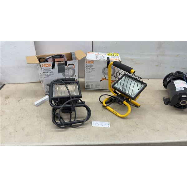 2 HDX Portable Halogen Work Lights, 500 Watt, and 2 NUMA Yellow-Framed Halogen Work Light