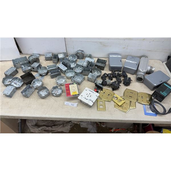 Assorted Electrical Boxes, Intermatic T100 Series Sign Timers, Push-A-Magic Breakers, Brass Switch