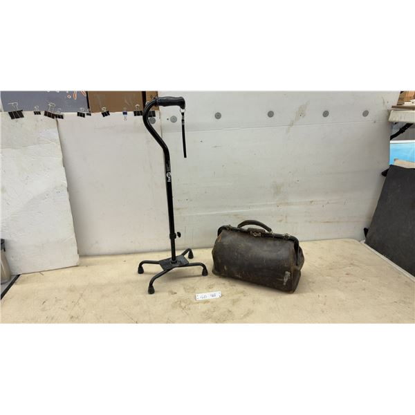 Vintage Leather Doctor's Gladstone Bag and Hugo Quad Cane