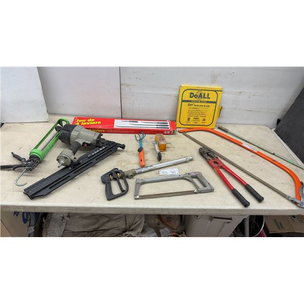Paslode Impulse F350S Framing Nailer, Band Saw Blade, Pry Bar Set, Caulking Gun, Bolt Cutters