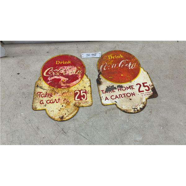 Pair of Vintage Coca-Cola Double Sided "Take Home a Carton 25¢" Die-Cut Tin Advertising Signs