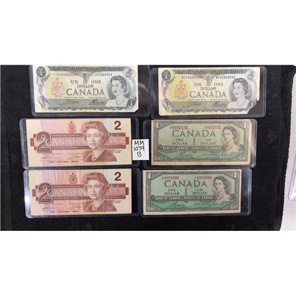 2 x 1973 Canada $1 Bills, 2 x 1986 Canada $2 Bills, and 2 x 1954 Canada $1 Bills