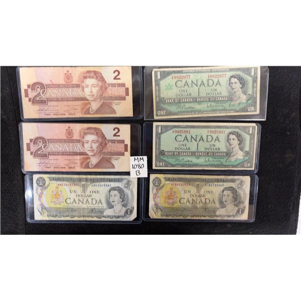 2 x 1973 Canada $1 Bills, 2 x 1986 Canada $2 Bills, 1954 Canada $1 Bill and 1967 Canada $1 Bill