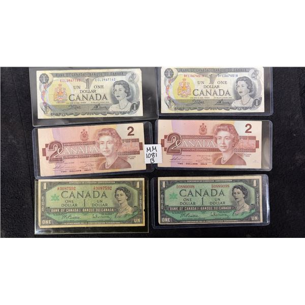 2 x 1973 Canada $1 Bills, 2 x 1986 Canada $2 Bills, and 2 x 1967 Canada $1 Bills