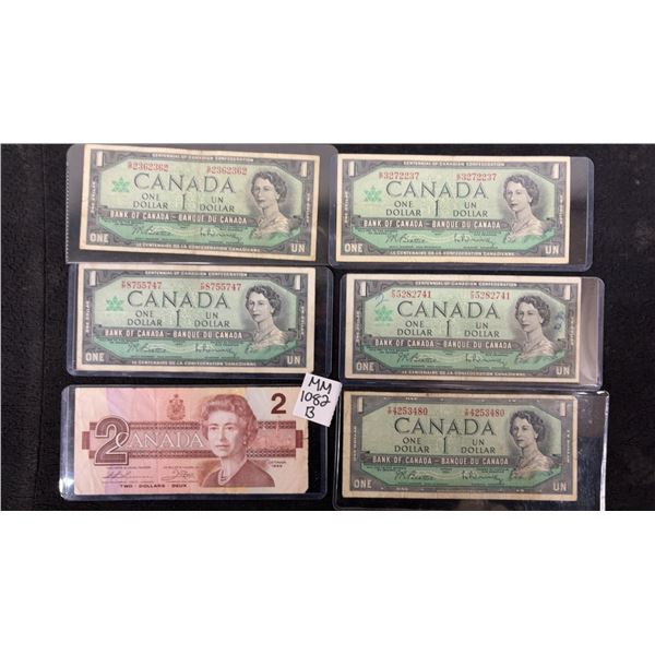 4 x 1967 Canada $1 Bills, 1986 Canada $2 Bill, and 1954 Canada $1 Bill