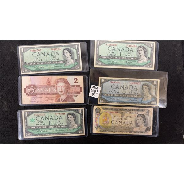 2 x 1954 Canada $1 Bills, 1986 Canada $2 Bill, 1954 Canada $5 Bill, 1967 Canada $1 Bill
