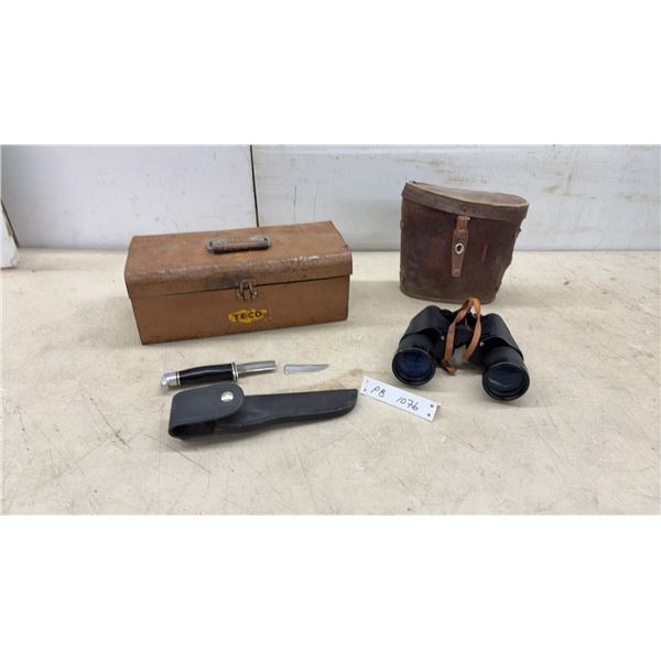 Vintage TECO Metal Toolbox, Porro Prism Binoculars With Leather Case, and Fixed Blade Knife