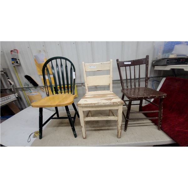 Three Vintage Wooden Chairs, Windsor, Slat-Back, and Spindle-Back