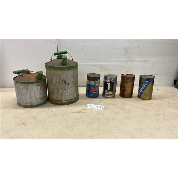 2 Vintage Galvanized Metal Gas Cans, 4 Oil Cans: Esso, Mobil 1, Uniflo, 3 with Product