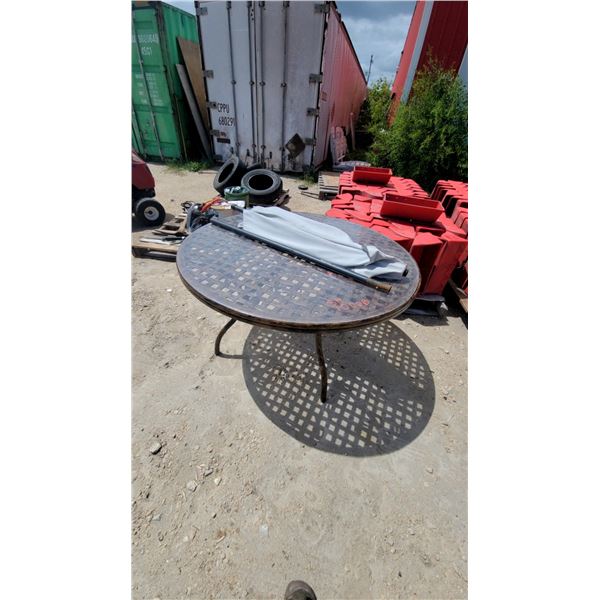 Round Cast Aluminum Patio Table with Glass Top, Basket-Weave Pattern and Umbrella Hole 28" Hgt 48"