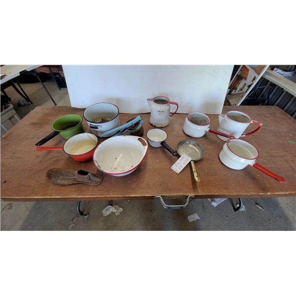 Vintage Enamelware Collection Including Pots, Saucepans, Bowls, Food Mill, Shoe Last, and More