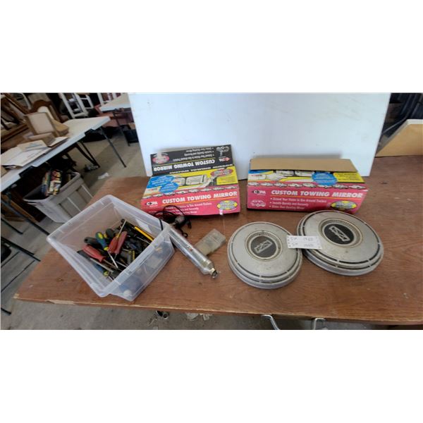Two CPA Custom Towing Mirrors Model #10202 and Pair of Vintage Ford Hubcaps Screwdrivers and More