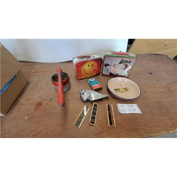 Vintage Lassie and Millennium Smiley Lunchboxes, Singer Oil Tin, Food Mill, Enamel Dish and More