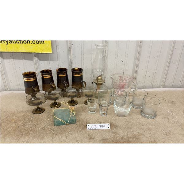 Handcrafted Etched Glass Duck Coasters, Pyrex Measuring Cup, Oil Lamp, Mugs and More