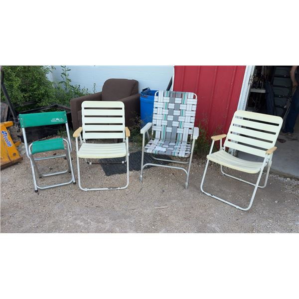 Sierra Trails Folding Camp Stool, Cream Slatted Folding Patio Chairs, and Webbed Lawn Chair