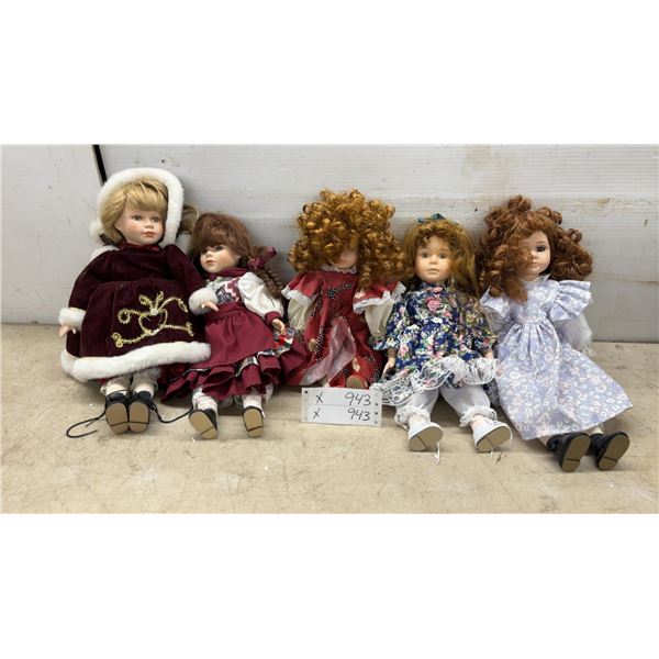 Lot of Five Porcelain Collector Dolls in Elaborate Period-Style and Festive Clothing