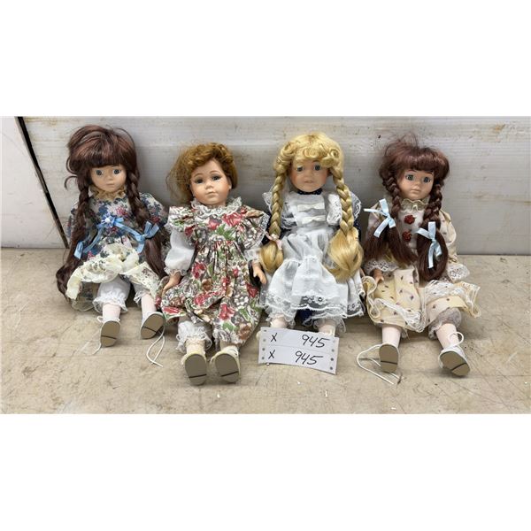Set of Four Collectible Porcelain Dolls with Lace-Trimmed Dresses and Braided Hair