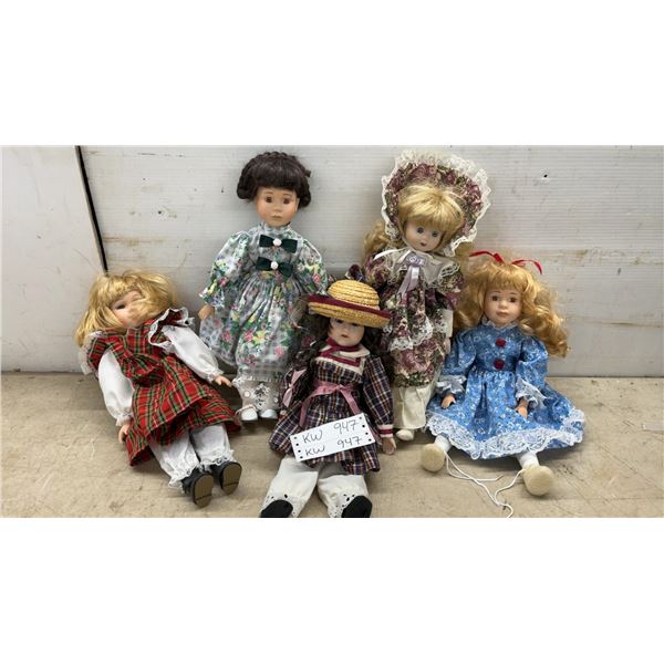 Lot of Five Porcelain Collector Dolls in Vintage-Style Clothing and More