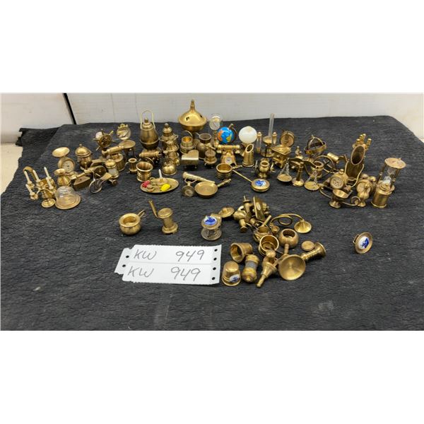 Collection of Miniature Brass Novelty Figurines, Clocks, Globes, Scales, and More